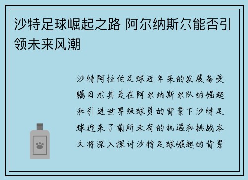 沙特足球崛起之路 阿尔纳斯尔能否引领未来风潮
